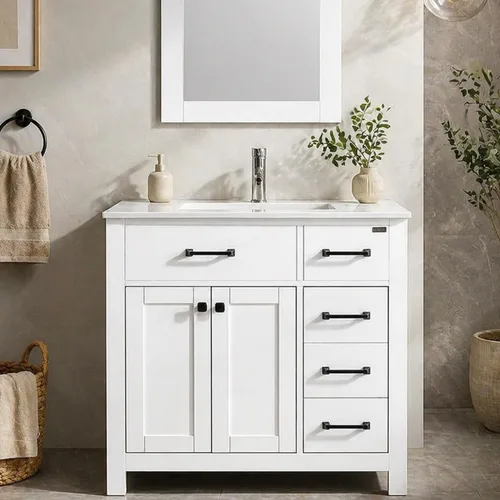 Vista 10 de wonline Lavabo de baño negro de 36 pulgadas y fregadero de cerámica empotrado para fregadero de cerámica con tocador de espejo, juego de tocador