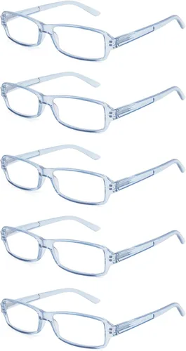 Vista 9 de Paquete de 5 lentes de lectura clásicos de plástico rectangular unisex para hombres y mujeres, negro, azul, gris y tortuga