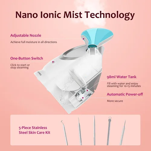 Vista 2 de EZBASICS Vaporizador facial iónico para el hogar, humidificador de niebla cálida atomizador para cara, sauna, spa, senos nasales, hidratación