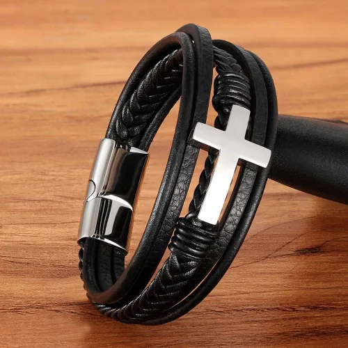 Vista 3 de Pulsera de cuero para hombre, accesorios emo, pulseras para parejas, pulseras de cruz de amistad, regalo de joyería hippie para hombres pulseras