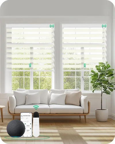 Vista 12 de Allesin Persianas motorizadas de cebra con control remoto, persianas eléctricas de doble capa con batería seca, persiana horizontal inteligente