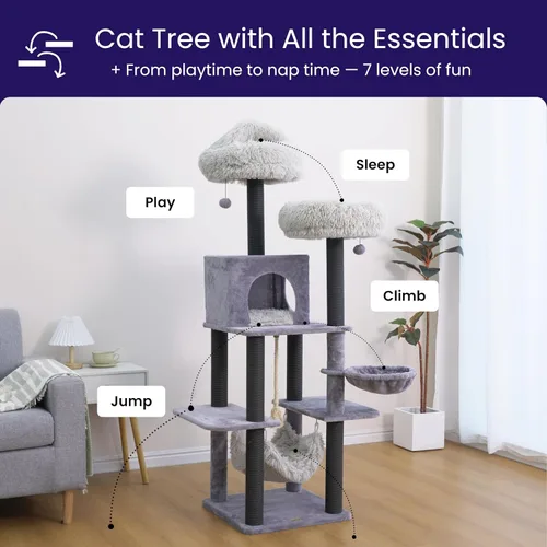 Vista 3 de Catry Bradbury - Árbol para gatos moderno de 7 niveles y 62.5 pulgadas con postes rascadores reemplazables, condominio grande, dos camas lavables