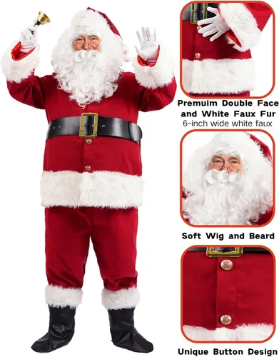 Vista 4 de Disfraz de Papá Noel para hombres, traje de Papá Noel, para adultos, 11 piezas para hombre, juego de trajes de Navidad profesionales de lujo