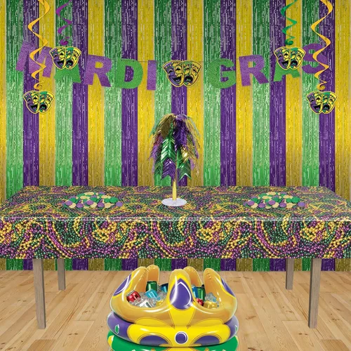 Vista 5 de Beistle Mantel de cuentas de Mardi Gras, 54 x 108 pulgadas, 2 piezas – Mantel de plástico, mantel rectangular, decoraciones de Mardi Gras