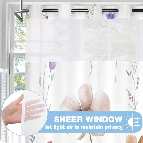 Vista 2 de Cortina de ducha sin gancho con juego de forro a presión, cortinas de ducha modernas de tela con flores color teja para decoración de baño de hotel