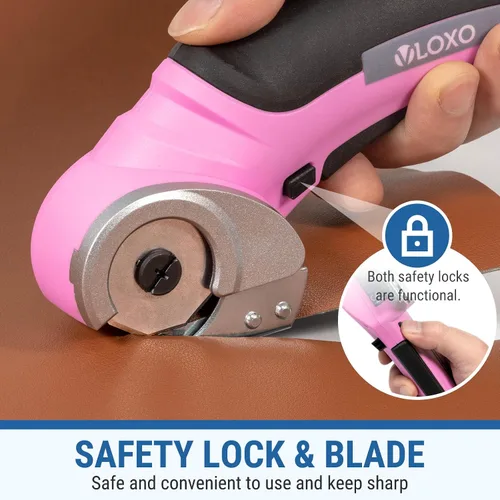 Vista 3 de VLOXO Tijeras eléctricas inalámbricas, cortador de cartón con bloqueo de seguridad, mini cortador eléctrico de 4.2 V, tijeras giratorias para Rosa
