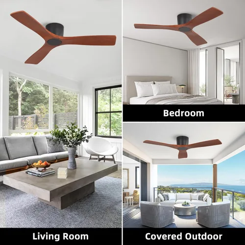 Vista 7 de WINGBO - Ventilador de techo de montaje empotrado de 48 pulgadas, con motor CC silencioso y reversible de 6 velocidades, 3 aspas de madera tallada