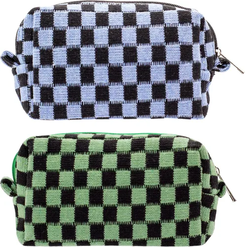 Vista 57 de PAZIMIIK Bolsa de Maquillaje a Cuadros para Bolso Portátil con Cremallera, Estuche Pequeño de Cosméticos para Accesorios de Viaje, Azul Ártico