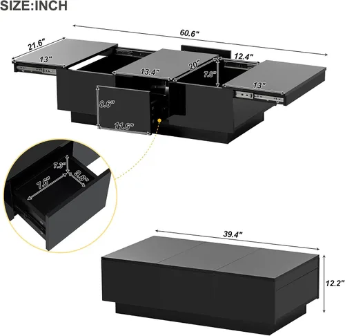 Vista 2 de Mesa auxiliar multifuncional con 2 cajones de almacenamiento, mesa de cóctel de café extensible con 2 cajones, mesa central rectangular de alto