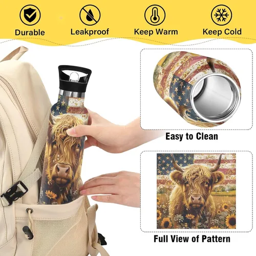 Vista 4 de Kids Water Bottle, Kids Water Bottle Stainless Steel for Travel or School 20 Oz, BPA-Free, Highland Cow USA Flag Retro