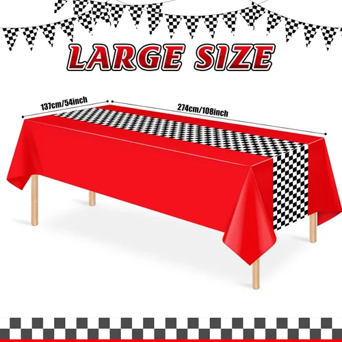 Vista 2 de Paquete de 3 manteles de plástico de auto de carreras, mantel desechable a cuadros rojos y negros, mantel rectangular a cuadros de búfalo