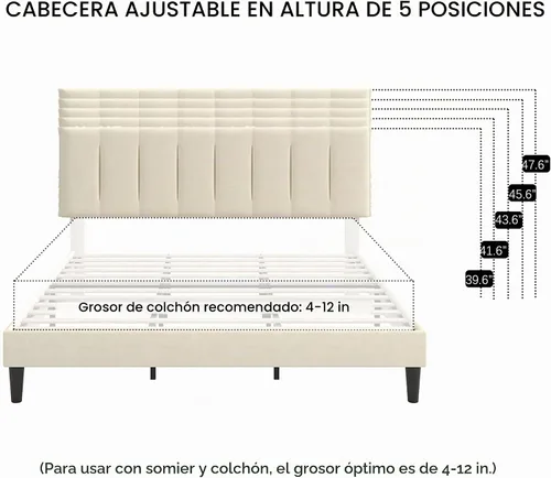 Vista 8 de VECELO Base de cama tamaño King con cabecera tapizada, color beige