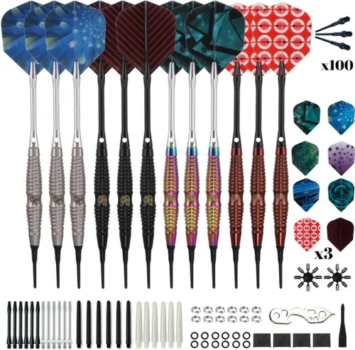 Vista 7 de Shot Taker Co. - Juego de dardos de punta suave, 12 piezas con 100 puntas de dardos adicionales, 24 protectores de vuelo y llave para tablero