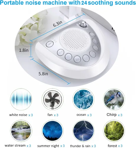 Vista 6 de Raynic Máquina de ruido blanco, máquina de sonido alimentada por batería, máquina de dormir portátil con 24 sonidos relajantes naturales, Plateado