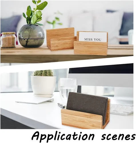 Vista 7 de OLYCRAFT Soporte para tarjetas de visita de escritorio de madera de bambú para escritorio, soporte de tarjetas de visita de bambú natural para mesas