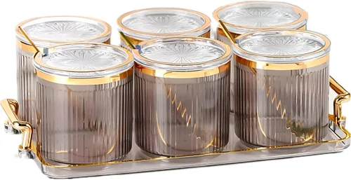 Vista 10 de Frascos Acrílicos para Condimentos y Especias, Caja de Condimentos y Especias con Tapas y Cucharas y Bandeja, Recipientes de Plástico Transparente