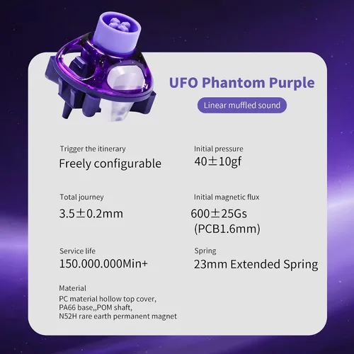 Vista 4 de UFO Phantom - Interruptor de teclado magnético morado, sonido amortiguado lineal, interruptores de juego efecto Hall, presión de 40 gf, viaje
