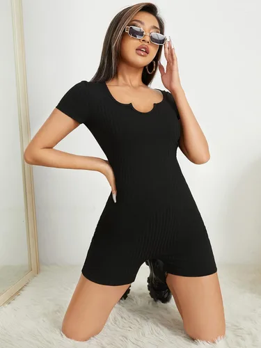 Vista 5 de SOLY HUX Women's Ribbed Knit Notched Neck Short Sleeve Romper Skinny Short Jumpsuit