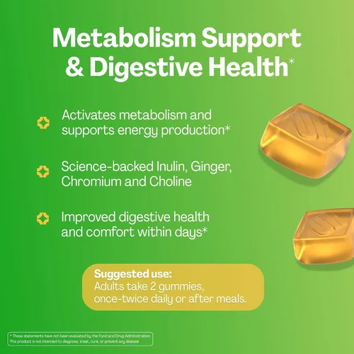 Vista 2 de URVI® Gomitas de apoyo al metabolismo 4 en 1 - Picolinato de cromo, colina, inulina y extracto de jengibre - Fibra prebiótica y minerales - Salud