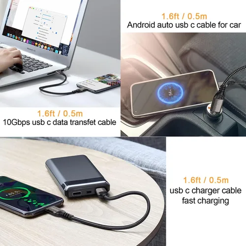 Vista 5 de Cable USB A a USB C (paquete de 2 unidades, 0,5 m), USB 3.1/3.2, transferencia de datos de 10 Gbps y cable de carga rápida de 60 W 3 A para SSD