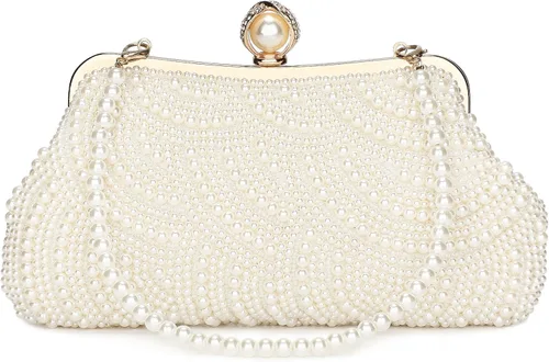 Vista 12 de UBORSE Bolso de mano de perlas para mujer, bolso de noche con cuentas de cristal noble para boda, con cadena de perlas
