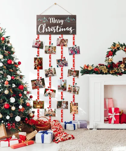 Vista 5 de Soporte de Exhibición para Tarjetas de Navidad, Decoración de Pared de Navidad, Marco de Fotos de Navidad de Madera con 30 Clips para Colgar Fotos