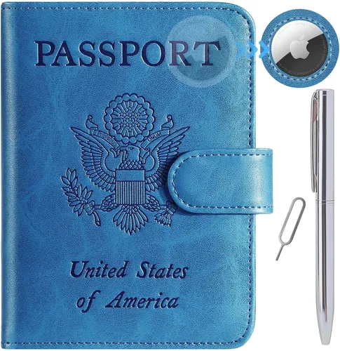 Vista 20 de Funda para pasaporte, cartera con bloqueo RFID, funda de piel para tarjetas, accesorios de viaje para mujeres y hombres, negro
