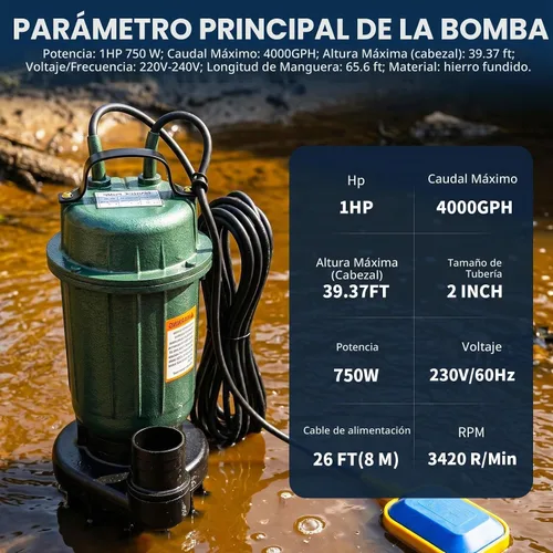 Vista 3 de 1HP Submersible Sewage Pump 4000 GPH 2" Discharge w/66ft Hose