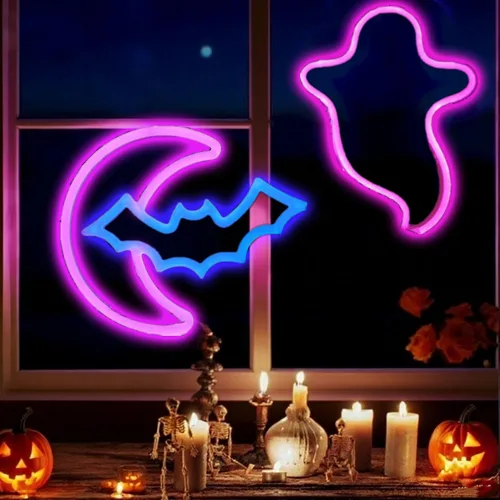 Vista 8 de Letreros de neón de murciélago para dormitorio, mesita de noche, decoración de pared, decoración de Halloween, luces LED de noche, adornos de mesa