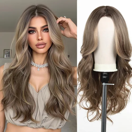 Vista 23 de Esmee Pelucas largas de color castaño rojizo ombré para mujer, peluca de cabello sintético ondulado y rizado natural para uso diario, fiestas