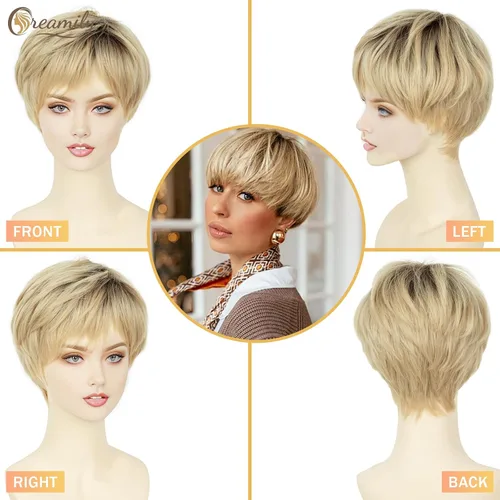 Vista 2 de Creamily Peluca corta rubia de corte Pixie con flequillo para mujer, pelucas sintéticas en capas onduladas con raíces oscuras para mujer, peluca
