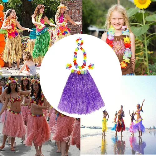 Vista 5 de Faldas de hierba para adultos, falda hula talla grande, disfraz de fiesta hawaiana Luau Dance Hawaiian Party Costume cintura elástica, Púrpura