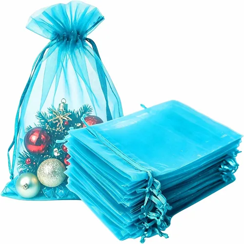 Vista 35 de Bolsas de regalo de organza de 4 x 6 pulgadas con cordón para joyas, dulces, paquetes de 50 bolsas de té de tela transparente azul aguamarina
