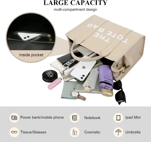Vista 4 de JQAliMOVV The Tote Bag for Women - Trendy Leather Travel Tote Bag with Zipper Top-Handle Shoulder Crossbody Bag Handbag