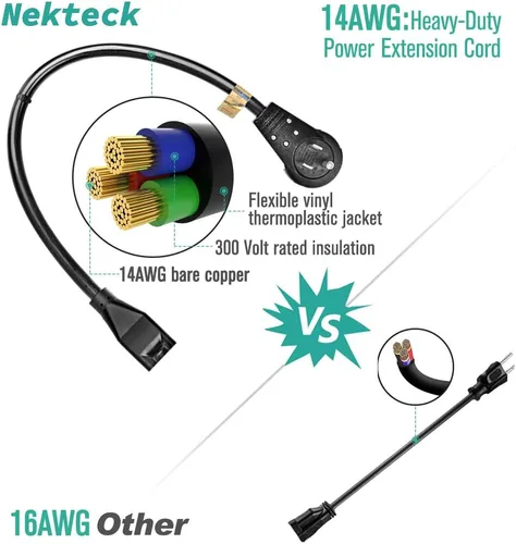 Vista 6 de Nekteck - Cable de extensión de 1 pie de enchufe plano giratorio de 360°, cable de alimentación de 3 clavijas 14AWG/15A, cable de alimentación