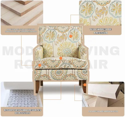 Vista 7 de Sofá con acento floral, silla con respaldo alado, cómoda silla de club, silla individual tapizada con brazos de lectura para sala de estar