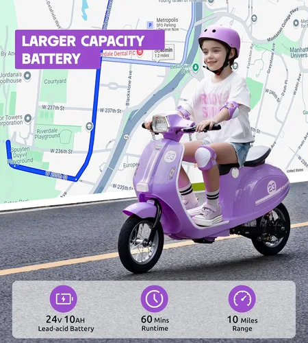 Vista 3 de Motocicleta para niños, motocicleta eléctrica de 2 ruedas para niñas de 8 a 14 años, juguetes de paseo de 24 V con música, historia, faro, 3 Morado