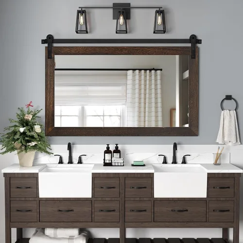 Vista 48 de COGOOD Espejo de puerta de granero de granja, 25 x 18 pulgadas, espejo decrativo con marco de madera rústica para baño, sala de estar, decoración