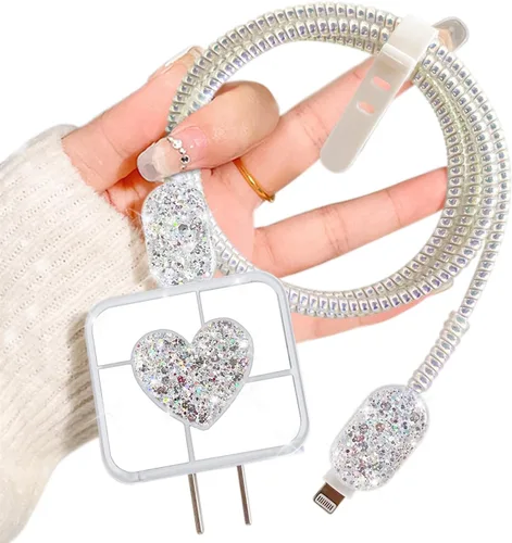 Vista 10 de Bling - Protector de cable para Apple iPhone con espejo, bonito diseño de corazón de amor, funda USB para línea de datos, protector de cargador
