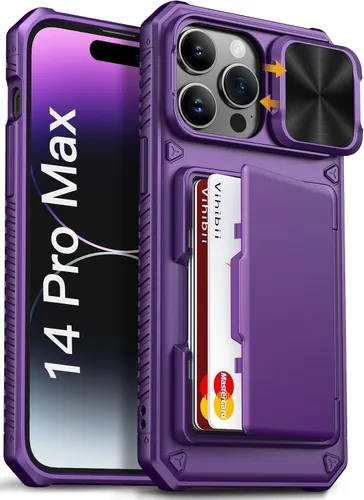 Vista 45 de Vihibii Funda para iPhone 13 Pro Max/iPhone 12 Pro Max con tarjetero (4 tarjetas) [bloqueo RFID] y cubierta de cámara deslizante, protección contra