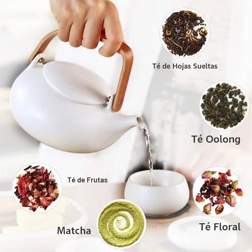 Vista 4 de Tetera ZENS con infusor, tetera de cerámica japonesa de 2 tazas para té de hojas sueltas, tetera de porcelana mate blanca pequeña de 800 ml