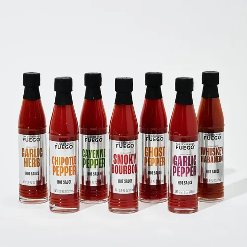 Vista 2 de The Good Hurt Fuego, juego de regalo de muestra de salsa picante, incluye 7 botellas en sabores exóticos, paquete variado de salsa picante