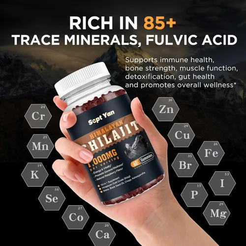 Vista 4 de Shilajit - Gomitas de 1000 mg – Shilajit puro orgánico del Himalaya para hombres y mujeres, más de 85 minerales traza resina Shilajit