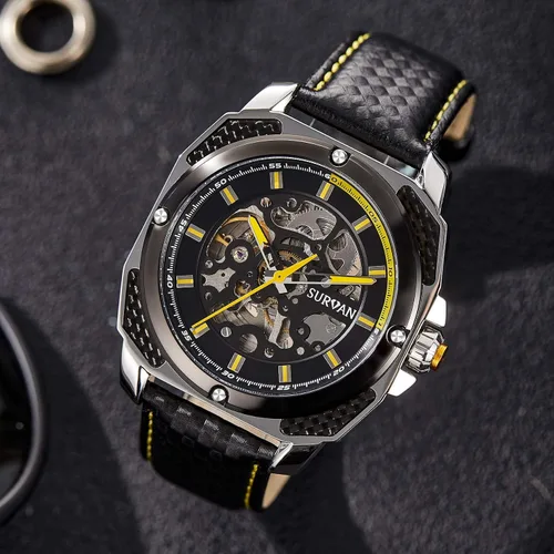 Vista 5 de SURVAN WatchDesigner Automatic Watch for Men Sapphire Crystal Mechanical Skeleton Wrist Watch Leather Strap