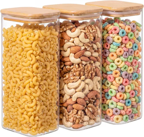 Vista 12 de Paquete de 6 tarros de almacenamiento de vidrio rectangulares pequeños de 0.7 cuartos de galón con tapas de bambú Minimalist Kitchen