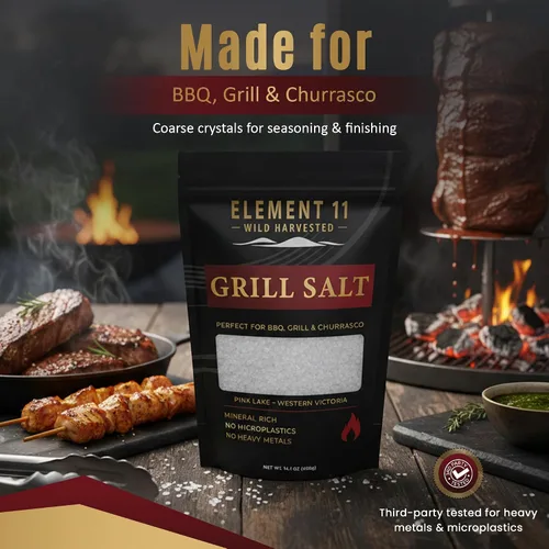 Vista 2 de Element 11 Sal de lago rosa australiana cosechada silvestre para asar Corteza de bistec para barbacoa, sal gruesa para ahumar, llama abierta