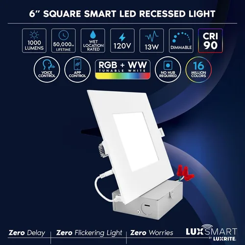 Vista 7 de LUXRITE Paquete de 12 luces empotrables LED inteligentes cuadradas de 6 pulgadas, cambio de color RGBW, control de aplicación WiFi, control de voz