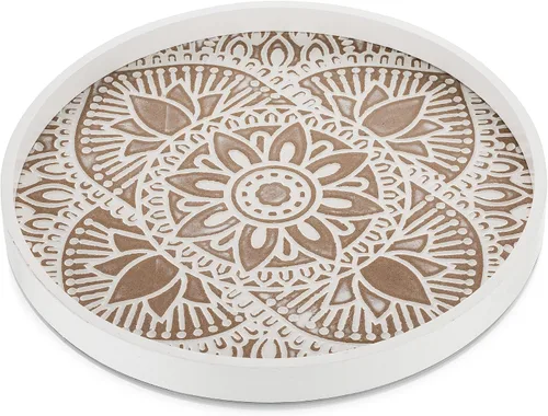 Vista 9 de Hanobe Bandeja decorativa redonda bohemia para mesa de café, patrón de Marrón loto