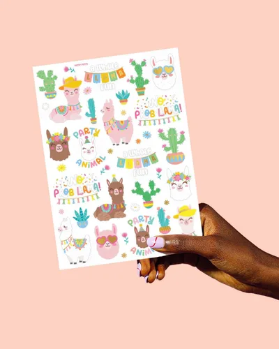 Vista 5 de xo, Fetti Tatuajes temporales de llama – 46 diseños metálicos Decoraciones de fiesta de cumpleaños de animales, recuerdos de fiesta del desierto