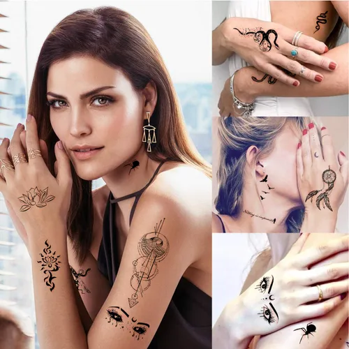 Vista 2 de Yazhiji - Tatuajes temporales impermeables – 60 hojas, pequeña colección de tatuajes falsos, flores, coronas, estrellas, animales, mariposas